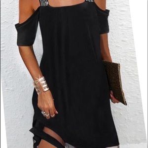 Black, cold-shoulder, rhinestone detailed summer dress.